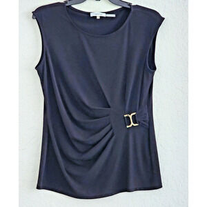 TOP/BLOUSE-CALVIN KLEIN-Black-Sleeveless-Front Gather-Gold Buckle-Size Petite SM